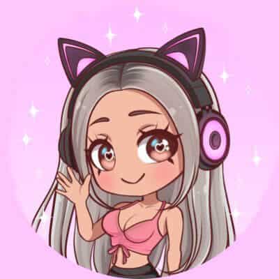 Cartoon image of a girl with gray hair, pink cat ears, and headphones, waving with sparkles in the background.